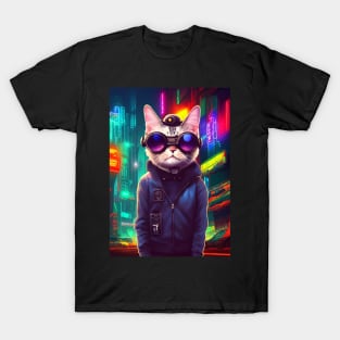 Cool Japanese Techno Cat In Japan Neon City T-Shirt